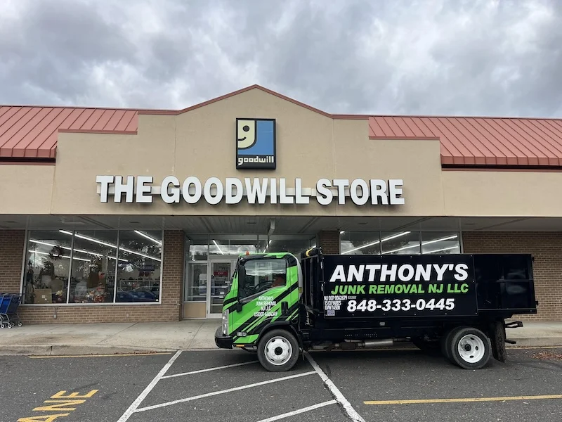 Anthony's Junk Removal NJ LLC truck in front of Goodwill to donate used household goods instead of hauling away the junk to a landfill
